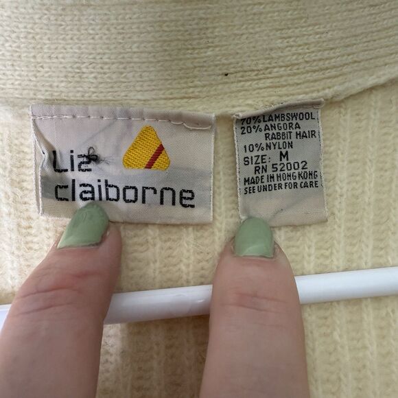 Vintage Liz Claiborne M Cream Longline Cardigan Duster Wool Angora Blend Pockets - Picture 4 of 7